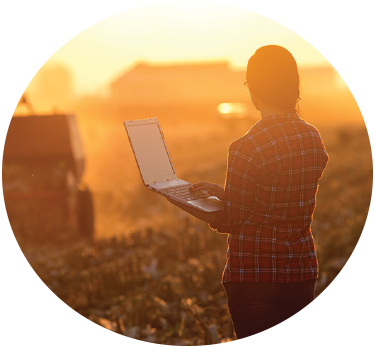 Farmer in field using laptop.